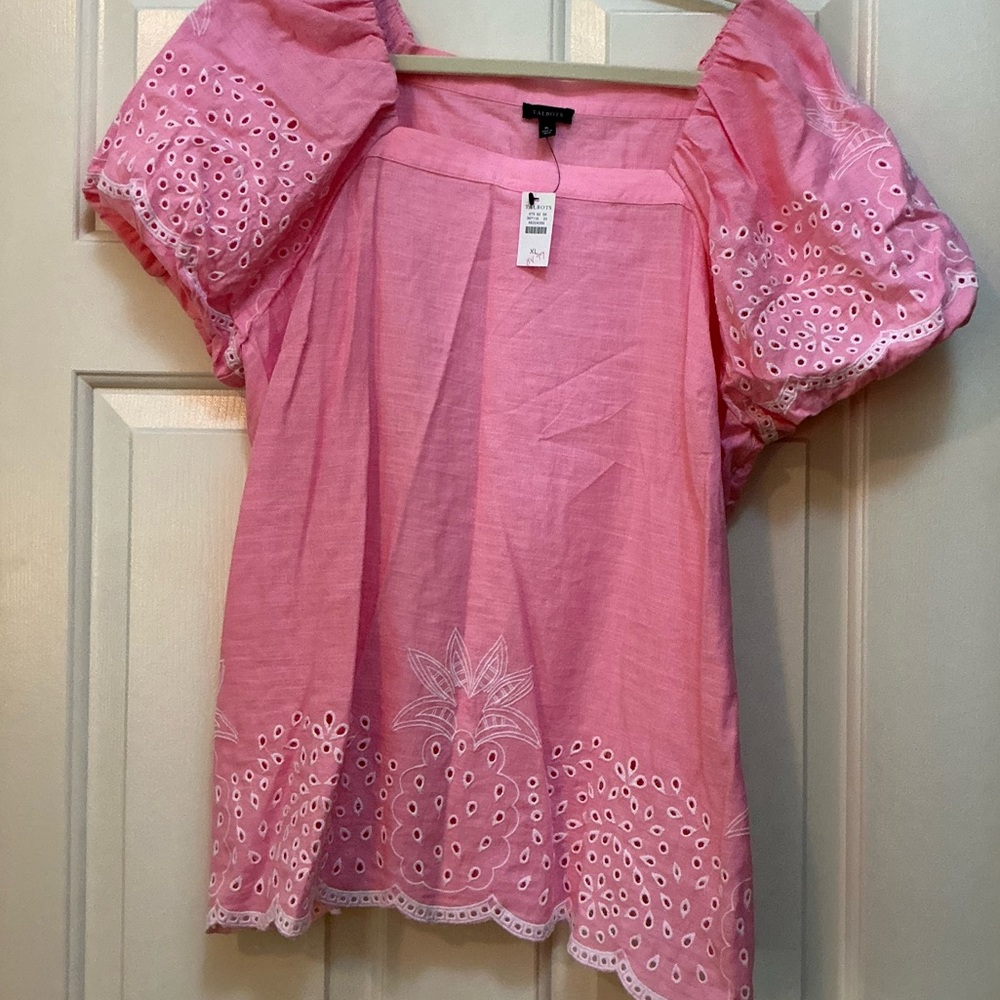 NWT TALBOTS Windsor Pink Puff-Sleeve Eyelet Cotton/LINEN  Top